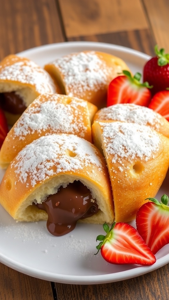 Nutella stuffed bread snaps on a plate, cut into quarters, with strawberries on the side.
